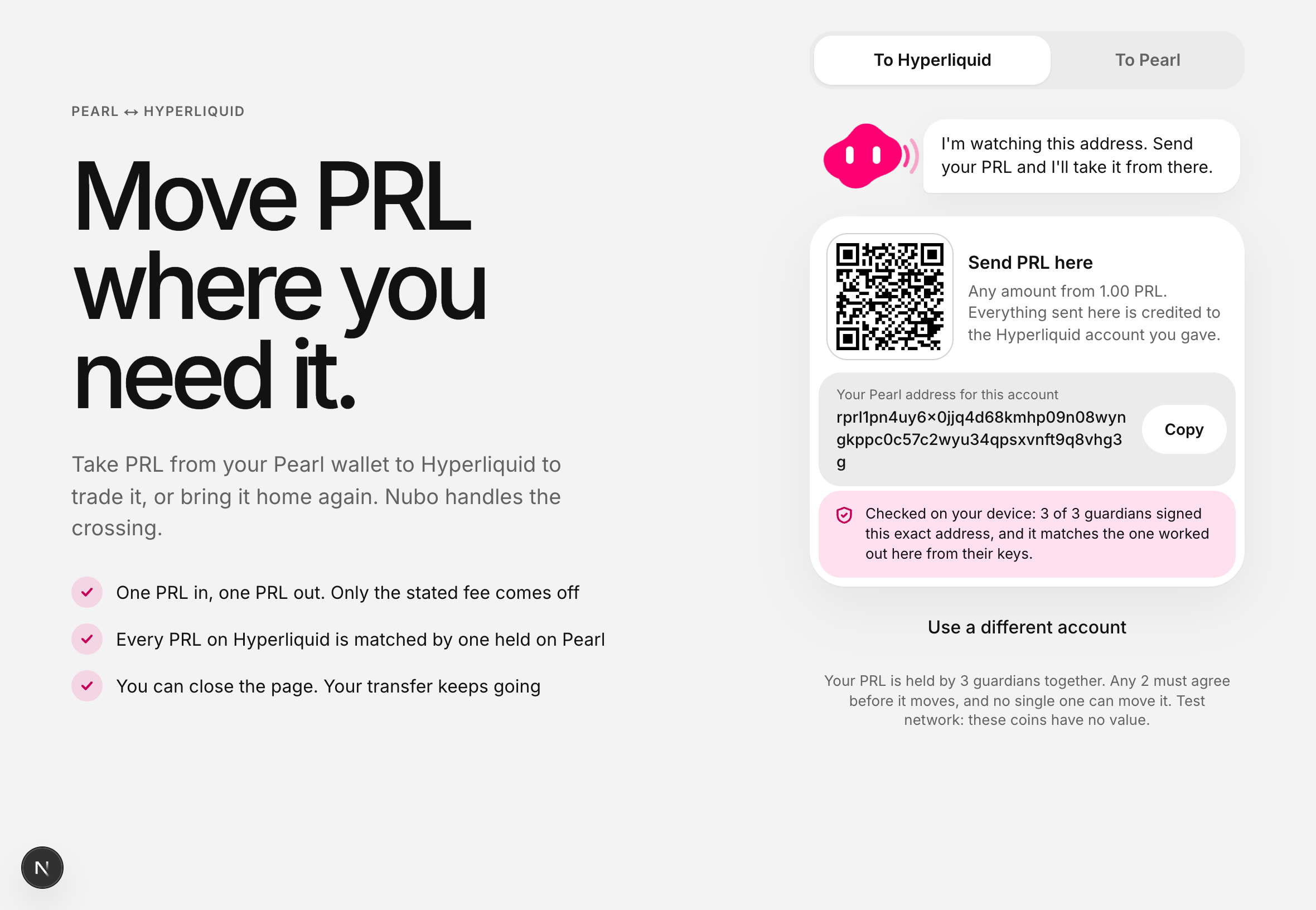 A deposit address with a QR code, and a pink badge reading: checked on your device, 3 of 3 guardians signed this exact address