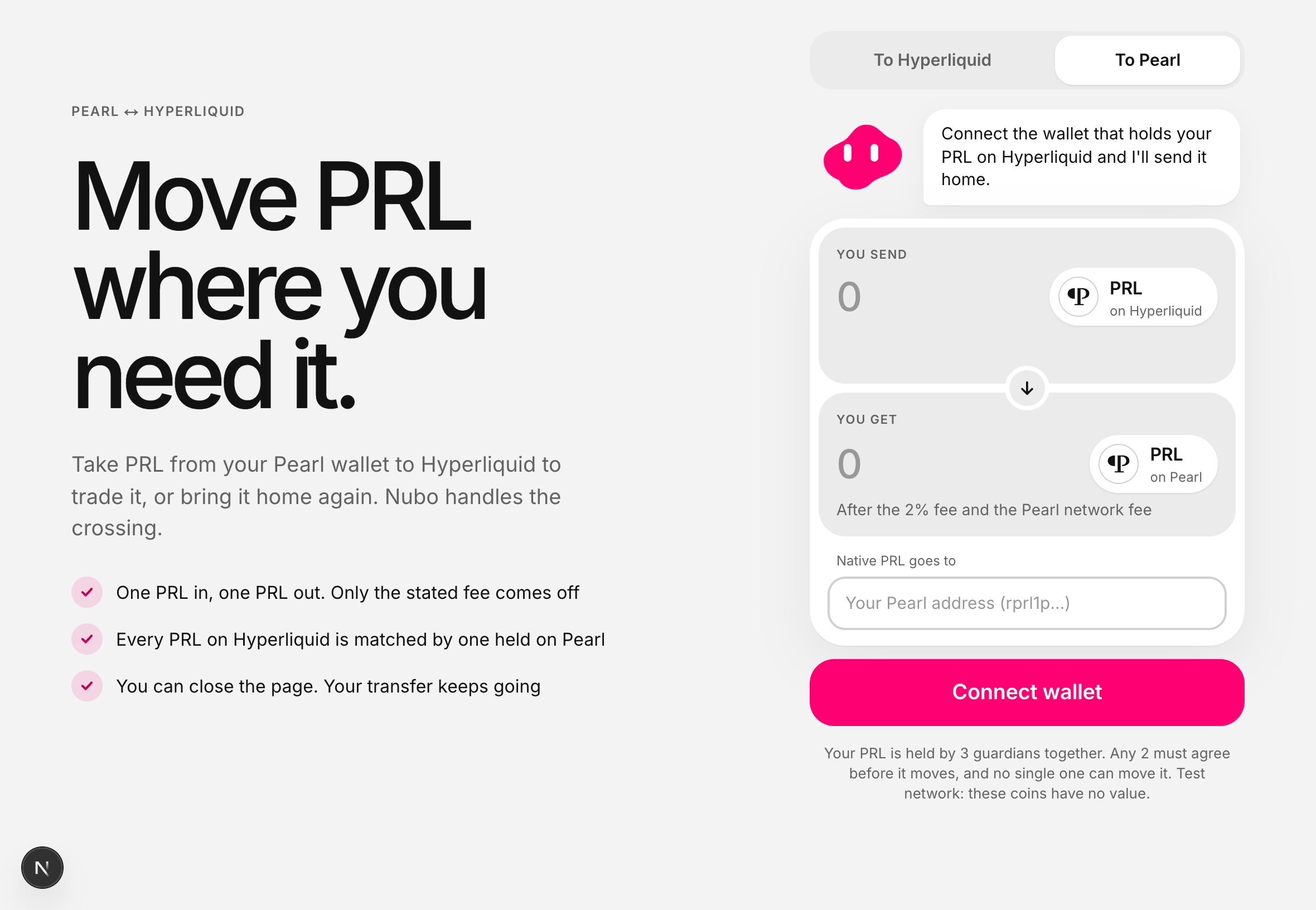 The To Pearl tab: an amount to send, what you get after the fee, and a field for your Pearl address