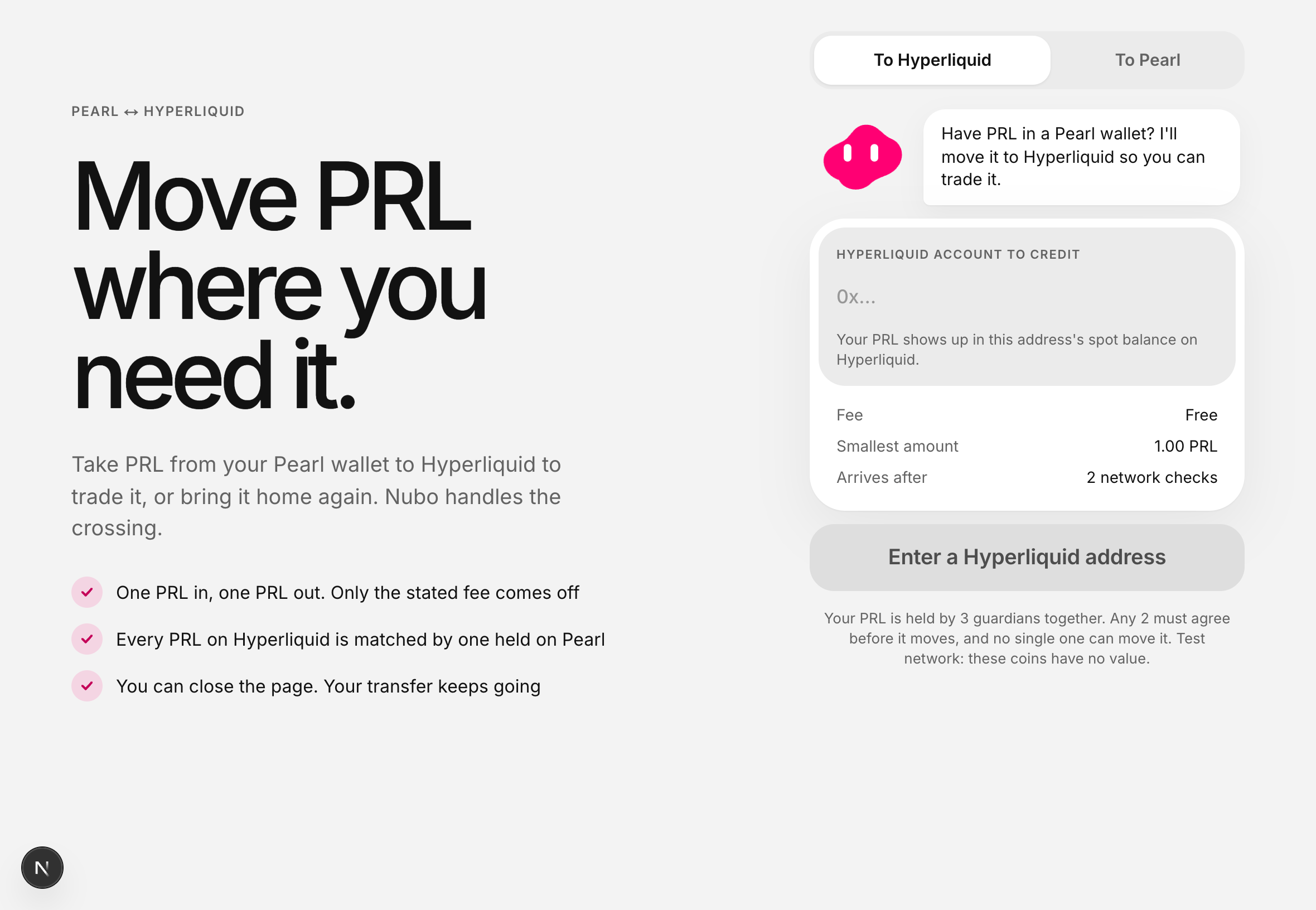 The Move PRL screen, with tabs for To Hyperliquid and To Pearl
